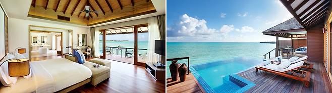 디럭스 워터빌라 내부와 전용 수영장. 사진제공|팜투어