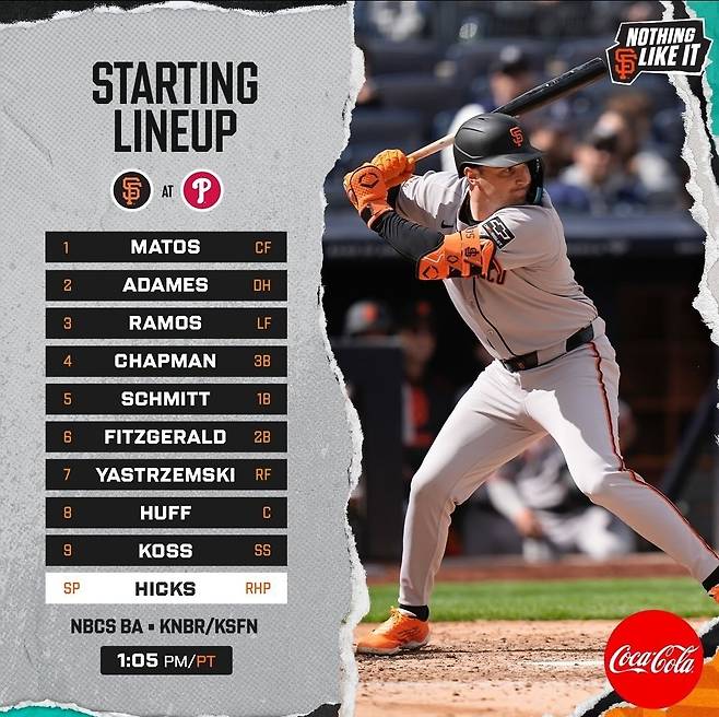 샌프란시스코는 18일 오전 5시5분 미국 펜실베니아주 필라델피아의 시티즌스 뱅크 파크에서 열리는 2025 미국프로야구 메이저리그(MLB) 정규시즌 필라델피아 필리스와의 원정 경기를 앞두고 선발 라인업을 발표했다. 발표된 라인업엔 최근 들어 3번 타자 중견수로 고정 출전하던 이정후의 이름이 사라졌다. 이정후는 전날 필라델피아 원정 경기에서 3번 타자 중견수로 선발 출전해 5타수 2안타, 2타점, 2득점을 기록하고 경기 종료 후 MLB 사무국이 선정한 경기 최우수선수(MVP)가 됐다. 시즌 타율은 전날 0.333에서 0.338로 올랐다. 타율 8위, 장타율 6위(0.647)를 달리고 있다. 출루율과 장타율을 더한 OPS는 1.042로 8위다.&nbsp;샌프란시스코 자이언츠