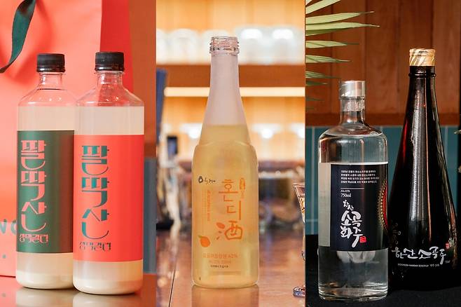 Traditional alcohol products tasted in the hands-on makgeolli class at Jasaeng-jeonsul on Sunday: (from left) makgeolli Palddaksan, tangerine wine Hondiju and filtered rice wine Hansan Sogokju. (Jasaeng-jeonsul)