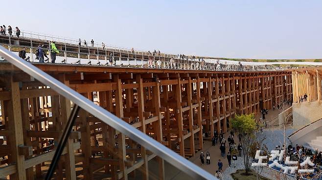 오사카 박람회장에 지어진 세계 최대 목조건축물 '그랜드 링'. 국재일 아나운서