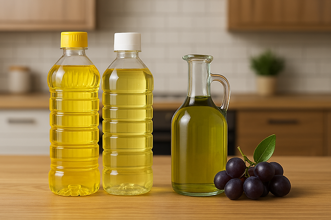 투명한 병에 담긴 오일 세개 왼쪽부터 노란색 연두색 녹색을 띄는 기름