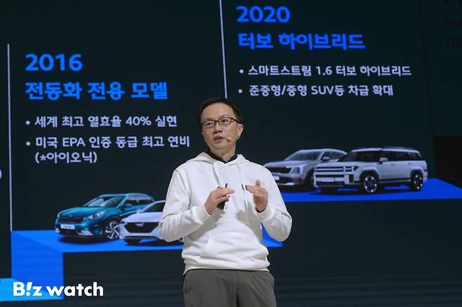 한동희 현대차그룹 전동화개발담당 부사장이 10일 오전 서울 중구 크레스트 72에서 열린 차세대 하이브리드&nbsp;시스템 테크 데이에 참석해 기술발표를 하고 있다./사진=이명근 기자 qwe123@