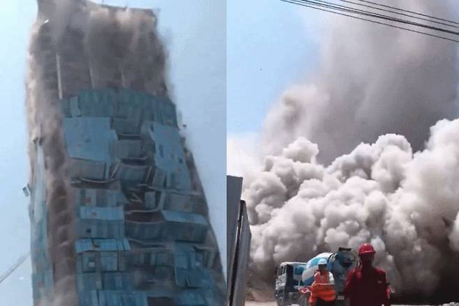 미얀마 강진으로 태국 방콕에서 공사 중 건물이 붕괴하는 모습. 엑스(X·옛 트위터) 캡처