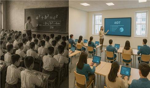 과거(왼쪽)와 현재의 교실을 생성형 AI(챗 GPT)로 표현한 모습.