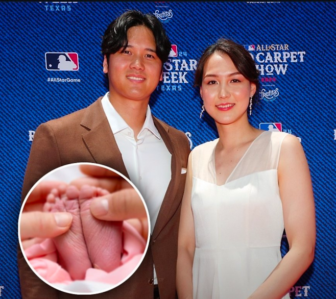 메이저리그 슈퍼스타 오타니 쇼헤이와 아내 다나카 마미코. 그리고 오타니 딸의 발 사진. [사진=MLB공식홈페이지 캡처]