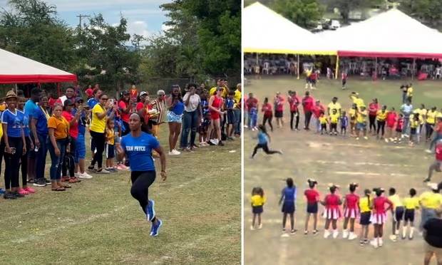 여자 단거리 육상 선수 셸리 앤 프레이저-프라이스(38·자메이카)가 학부모 달리기에서 압도적 질주를 선보이고 있다. /사진=SNS 갈무리