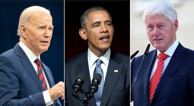 왼쪽부터 조 바이든 전 미국 대통령, 버락 오바마 전 미국 대통령, 빌 클린턴 전 미국 대통령. [게티이미지]