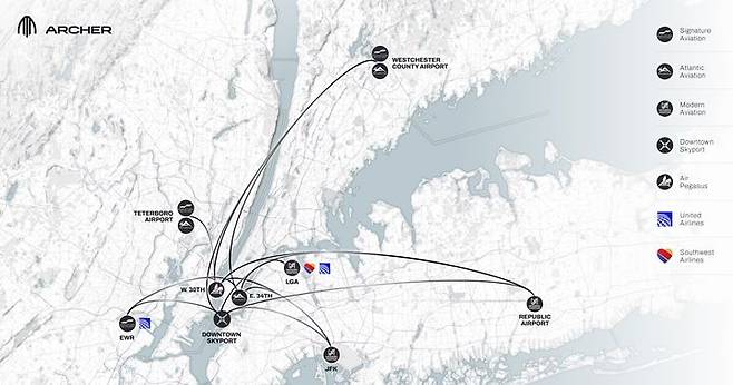 [서울=뉴시스] 아처 에비에이션이 공개한 뉴욕 항공택시 연결망 구상도.(사진=아처 홈페이지 갈무리) *재판매 및 DB 금지