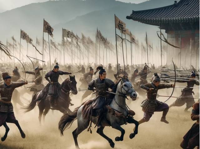 인공지능 AI가 그린 풍월주 위화랑 지휘로 훈련하는 화랑들의 모습.