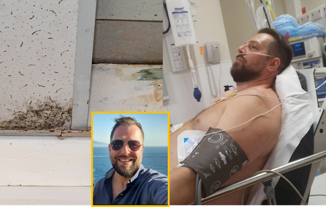 이탈리아로 신혼여행을 떠났던 한 영국 남성이 호텔 내 위생 문제로 치명적인 세균에 감염돼 생명이 위태로워지는 일을 겪었다. *왼쪽 욕실 곰팡이 사진은 내용과 직접적 관련이 없음 [욕실 곰팡이 사진=게티이미지뱅크/ 남성 사진=SNS]