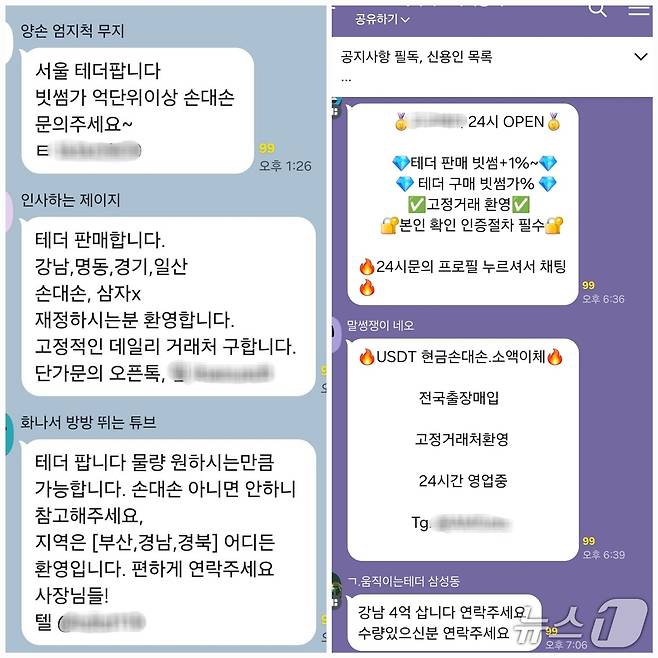 텔레그램과 카카오톡 오픈채팅방을 통한 테더 개인간(P2P) 거래. 카카오톡 채팅방 갈무리.