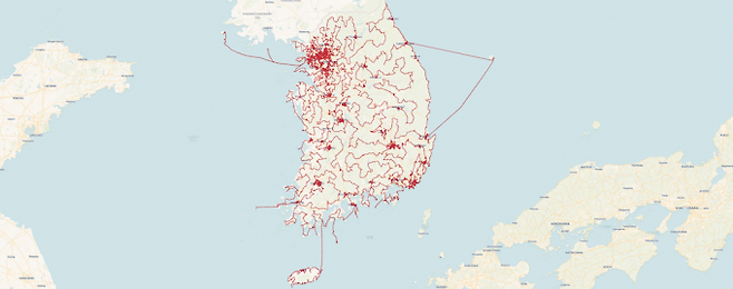 윌리엄 쿡 캐나다 워털루대 수학과 교수가 한국에 있는 모든 술집 8만1998개를 걸어서 방문하는 최단 거리를 계산했다. 사진은 쿡 교수의 연구에 따른 최단 거리 경로를 나타낸다. 윌리엄 쿡 교수 제공
