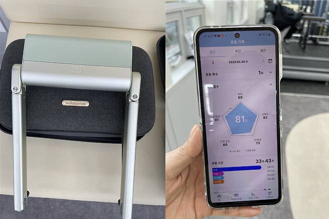고관절의 운동 범위를 넓혀주는 보행보조 로봇 ’윔’(왼쪽)과 걷기를 마친 뒤 전용 앱을 통해 확인한 운동 기록.