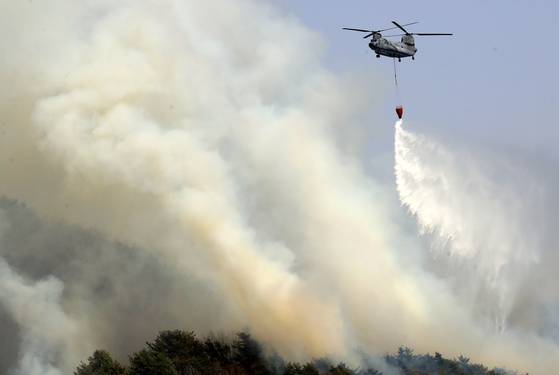 경남 산청 대형 산불 닷새째인 지난달 25일 오후 지리산과 인접한 산청군 시천면 구곡산 일대에 산불이 번져 산불진화 헬기가 진화작업을 하고 있다. [뉴스1]