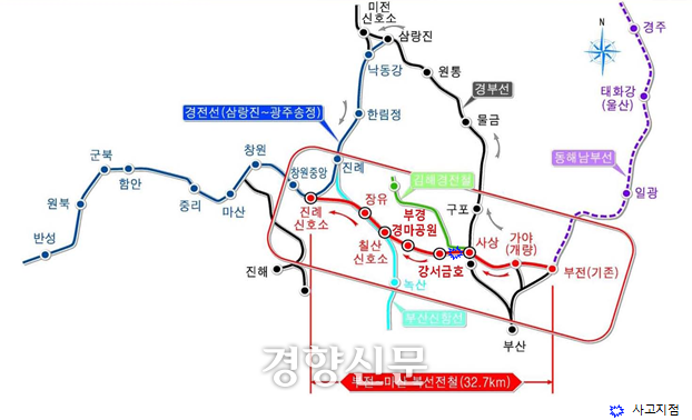 부산 부전~경남 마산 복선전철 노선도와 사고 지점. 경남도 제공