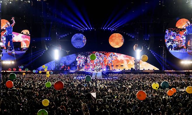 Coldplay performs at Goyang Sports Complex as part of its “Music of the Spheres” tour on Wednesday. (Live Nation Korea)