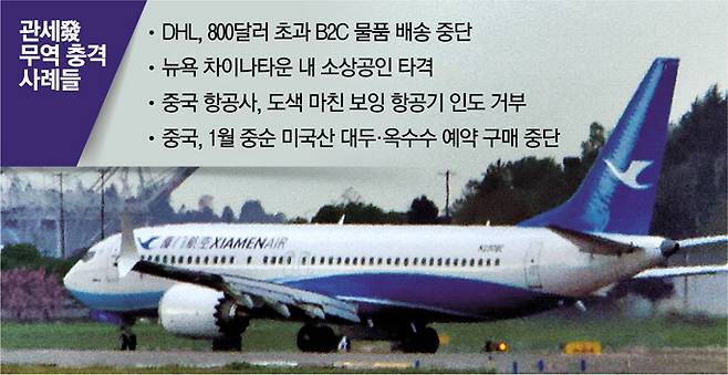 중국 샤먼항공에 인도될 예정이던 보잉 737 맥스 항공기가 인계되지 못하면서 지난 19일(현지시간) 미국 워싱턴주 시애틀의 킹카운티 국제공항에 도착하고 있다.  로이터연합뉴스