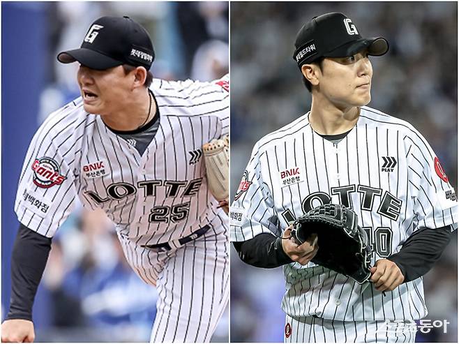 롯데 박시영(왼쪽)과 박진형이 상승세의 주역으로 돌아왔다. 롯데는 둘의 활약에 힘입어 4월 월간 6할 이상의 승률로 반등했다. 사진제공｜롯데 자이언츠