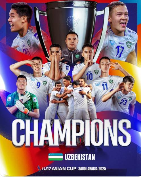 우즈베키스탄이 21일(한국시간) 사우디아라비아 타이프의 킹 파드 스포츠 시티 스타디움에서 열린 '2025 아시아축구연맹(AFC) 17세 이하(U-17) 아시안컵' 결승에서 사우디를 2-0으로 꺾었다. 사진은 우즈벡의 우승 기념 포스터. /사진=AFC 공식 SNS 갈무리