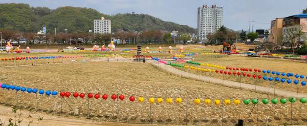 예천읍 남본리 개심사지 오층 석탑 주변에 조성 중인 정원 다양한 꽃들과 잔듸 등을 식재하고 있다.
