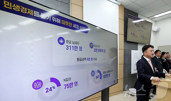이성진 국세청 정보화관리관이 31일 세종시 정부세종청사에서 최대 5년 치 환급금액을 한 번에 보여주고 클릭 한 번으로 환급 신청을 마칠 수 있는 종합소득세 환급 서비스 '원클릭'을 개통 내용을 설명하고 있다.2025.3.31/뉴스1 ⓒ News1 김기남 기자