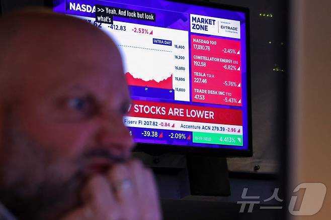 21일(현지시간) 미국 뉴욕 증권거래소(NYSE)에서 트레이더가 증시 모니터를 바라보고 있다.  ⓒ 로이터=뉴스1