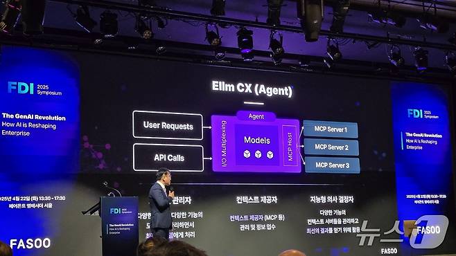 22일 서울 영등포구 여의도에서 열린 파수 연례 고객행사 'FDI 205'에서 윤경구 파수 개발1본부장(전무이사)가 기업용 언어모델 'ELLM'의 발전 방향을 설명하는 모습이다./뉴스1 ⓒ News1 윤주영 기자