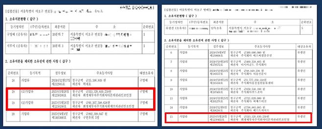 구영배 큐텐그룹 대표의 자택 부동산등기부등본에 티몬·위메프(이하 티메프) 법정 관리인 명의의 가압류 내용이 기재돼 있다(왼쪽). 티몬 인수 절차가 진행 중인 가운데 류광진 티몬 대표의 자택 부동산등기부등본에도 티메프 법정 관리인의 이름으로 가압류 내용이 올라와 있다. /민영빈 기자