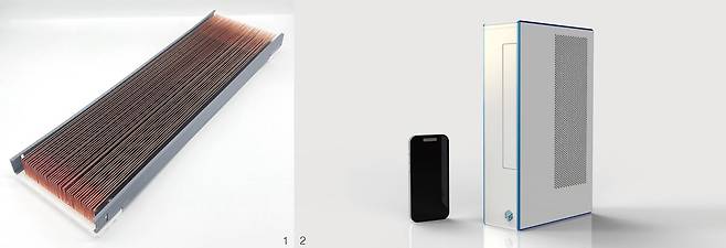 1 MACS 기술을 이용한 고성능 그래픽 카드용 수랭식 냉각기. 2 MACS 기술로 구현한 컴프레서와 냉매가 없는 친환경 에어컨. /사진 엠에이치에스