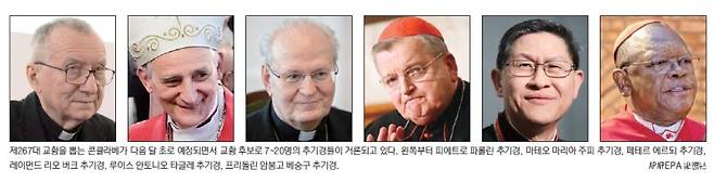 제267대 교황을 뽑는 콘클라베가 다음 달 초로 예정되면서 교황 후보로 7~20명의 추기경들이 거론되고 있다. 왼쪽부터 피에트로 파롤린 추기경, 마테오 마리아 주피 추기경, 페테르 에르되 추기경, 레이먼드 리오 버크 추기경, 루이스 안토니오 타글레 추기경, 프리돌린 암봉고 베숭구 추기경. APAFPEPA 뉴시스연합뉴스