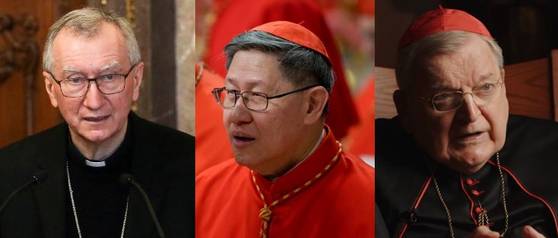 차기 교황 후보로 거론되는 추기경들. 왼쪽부터 이탈리아의 피에트로 파롤린 추기경, 필리핀의 루이스 안토니오 타글레 추기경, 미국의 레이몬드 버크 추기경. 로이터/AP=연합뉴스, 엑스(X)