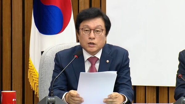 ▲박형수 국민의힘 원내수석부대표가 22일 원내대책회의에서 이재명 더불어민주당 경선 후보의 90% 가까운 득표율을 두고 한반도 남쪽에서 찾아보기 힘든 득표율이라고 우려하고 있다. 사진=국민의힘 영상 갈무리