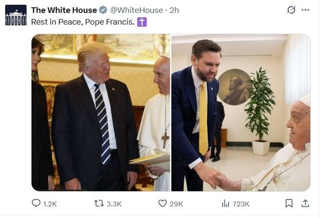 백악관의 X 계정에 올라온 프란치스코 교황 추모글. 백악관 X