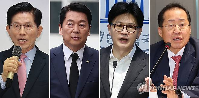 국민의힘 대선 경선 후보 1차 '컷오프'…4강 확정 (서울=연합뉴스) 국민의힘 대선 후보 경선 선거관리위원회는 22일 2차 경선에 진출할 4명의 후보를 발표했다. 
    첫번째 컷오프를 통과한 '4강 후보'에는 김문수·안철수·한동훈·홍준표 후보(가나다순)가 이름을 올렸다. 
    사진은 이날 각 후보들의 모습. 2025.4.22 photo@yna.co.kr