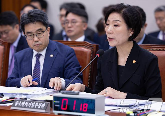 오영주 중소벤처기업부 장관이 23일 오전 서울 여의도 국회에서 열린 제424회 국회(임시회) 산업통상자원중소벤처기업위원회 제2차 전체회의에서 추경안 등 현안질의에 답변하고 있다. 2025.4.23/뉴스1 ⓒ News1 이재명 기자