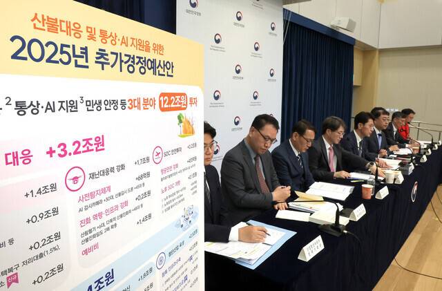 김윤상 기획재정부 2차관(왼쪽 다섯 번째)이 지난 17일 정부세종청사 민원동 공용 브리핑실에서 2025년 추가경정예산안 상세 브리핑을 하고 있다. 연합뉴스