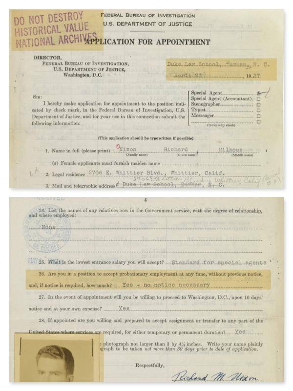 리처드 닉슨의 FBI 입사지원서 일부. 미국립기록문서관리청 사진.