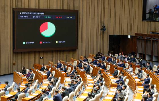 지난해 12월 0일 국회 본회의장에서 열린 본회의에서 헌정 사상 처음으로 민주당이 일방 통과시킨 2025년도 예산안에 대한 감액 수정안이 통과되고 있다. 뉴스1