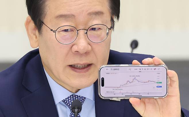 이재명 더불어민주당 대선 경선 후보가 지난해 11월28일 서울 여의도 한국거래소에서 열린 대한민국 주식시장 활성화 TF 현장 간담회에서 삼부토건 주식 차트를 들어보이고 있다. 사진공동취재단