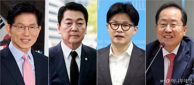 [서울=뉴시스] 조성우 기자 = 국민의힘이 22일 제21대 대통령 선거 후보자 선출을 위한 2차 경선 후보 4명을 확정했다. 2차 경선을 진출한 후보자는 김문수, 안철수, 한동훈, 홍준표 등 4명이다.  왼쪽부터 김문수 후보가 이날 여의도 캠프에서 청년 위한 3대 부동산 공약 발표 기자회견에 참석하고 있다. 안철수 후보가 명동대성당에 마련된 프란치스코 교황 빈소에 조문하고 있다. 한동훈 후보가 국회에서 정책 비전 발표를 마치고 취재진 질문에 답하고 있다. 홍준표 후보가 대한의사협회를 방문해 김택우 의협회장과 간담회를 하고 있다. 2025.04.22. xconfind@newsis.com /사진=