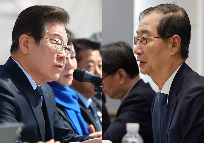 왼쪽은 이재명 더불어민주당 대표가 3월31일 서울 종로구 광화문 앞 더불어민주당 천막당사에서 열린 최고위원회의에서 발언하는 모습. 오른쪽은 한덕수 대통령 권한대행 겸 국무총리가 같은 날 SK하이닉스 이천캠퍼스 수펙스(SUPEX)센터에서 열린 '반도체산업 현장 간담회'에서 발언하고 있는 모습. ⓒ연합뉴스