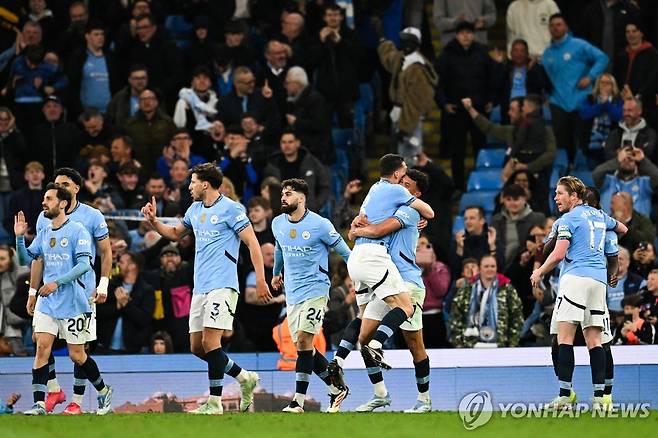 득점 세리마니 하는 맨시티 선수들. [AFP=연합뉴스]