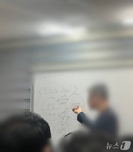 (서울=뉴스1) 김민수 기자 = 비트코인(BTC)과 테더(USDT) 스와프딜을 중개하는 사업으로 매일 투자금의 2%를 수당으로 준다고 속여 수백억 원을 편취한 일당이 경찰에 붙잡혔다. 사진은 피의자들이 차린 업체에서 진행한 사업설명회. 2025.04.24/뉴스1(서울경찰청 형사기동대 제공)