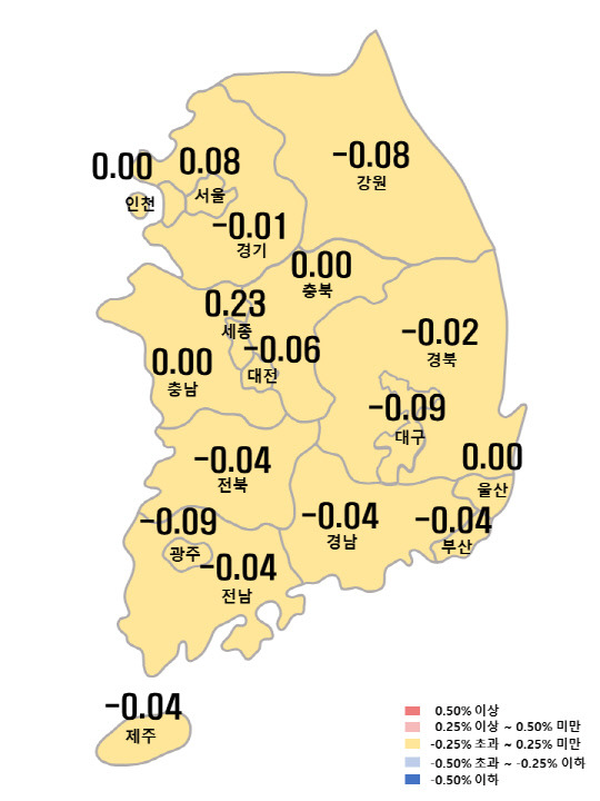 4월 셋째 주 전국 아파트 매매가격지수 변동률. 한국부동산원 제공