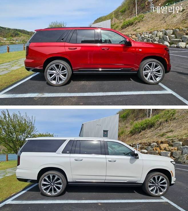 캐딜락 ‘더 뉴 에스컬레이드’ 일반형(위)과 ESV 측면. ⓒ데일리안 정진주 기자