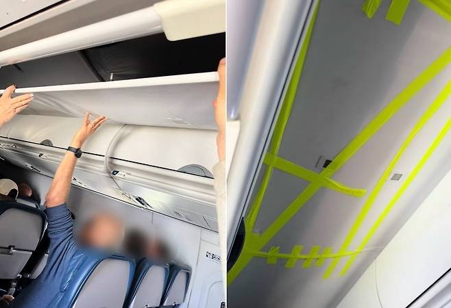 지난 14일(현지시간) 미국 조지아주 애틀랜타에서 일리노이주 시카고로 향하던 델타항공 보잉 717 비행기에서 천장 패널이 떨어져 승객들이 손으로 받치고 있는 모습(왼쪽)·승무원이 테이프로 천장을 고정한 모습. 틱톡 캡처 @lucasmpayne