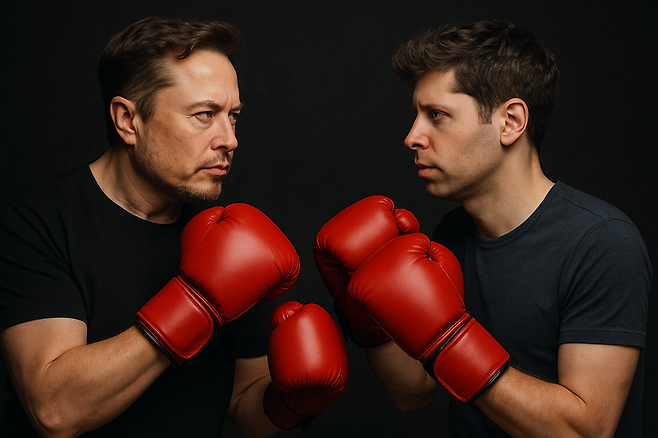 권투 글러브를 낀 일론 머스크와 샘 올트먼 가상 이미지. 챗GPT 제작