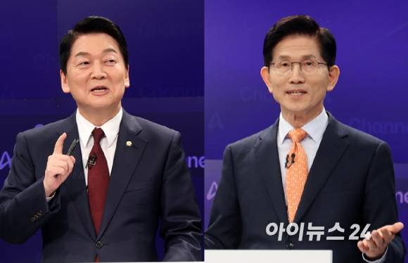 24일 오후 종로 동아미디어센터 채널A 스튜디오에서 국민의힘 대선 2차 경선 진출자인 안철수(왼쪽), 김문수 후보가 토론을 하고 있다. [사진=아이뉴스24]