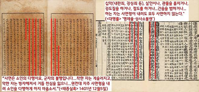 <대명률>은 내린죄나 강상죄, 고의살인, 강도, 강간 등의 중범죄인에 대해서는 사면을 허락하지 않았다. “사면이 군자에게는 불행, 소인에게는 다행”이라는 당 태종의 언급을 신줏단지 모시듯 했다.