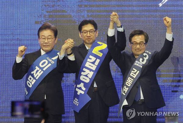 더불어민주당 이재명(왼쪽부터)·김경수·김동연 제21대 대통령 선거 경선 후보. 연합뉴스